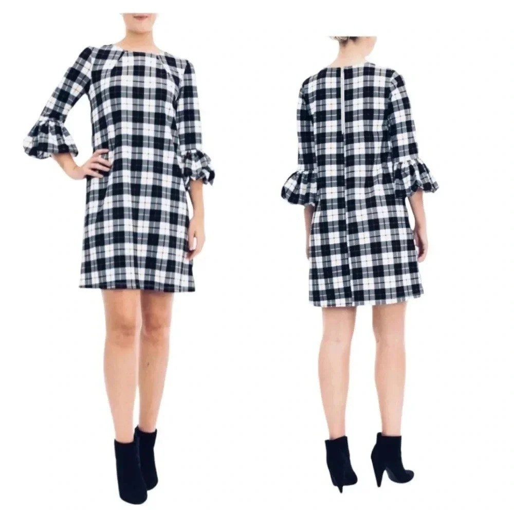 NINA LEONARD | Black White Windowpane Ruffle Balloon Sleeve Shift Dress Size M